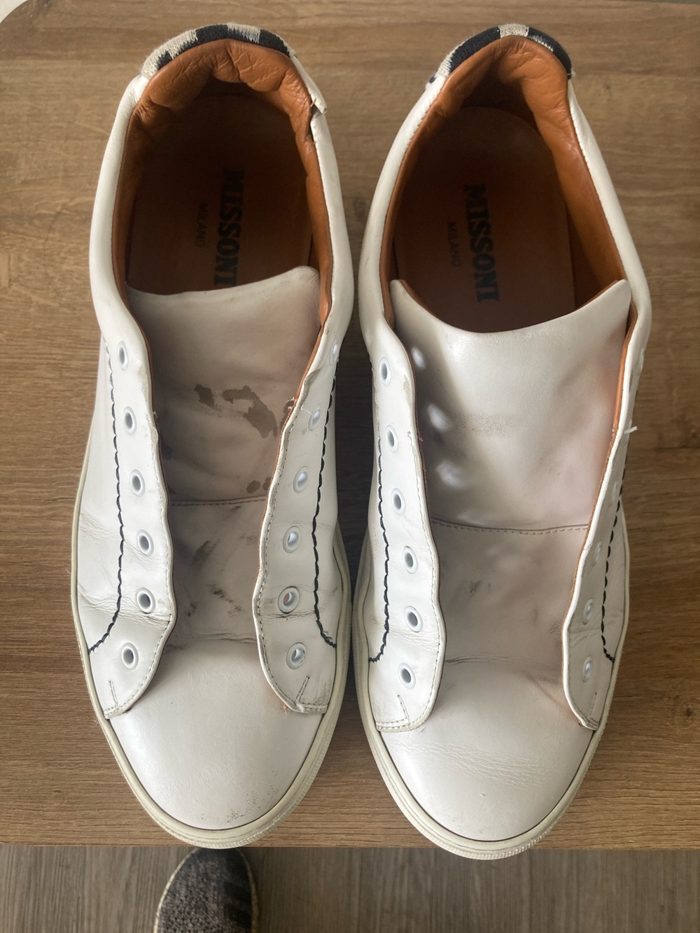 Missoni White Leather Low-Top Slip-On Sneakers with Tan Lining